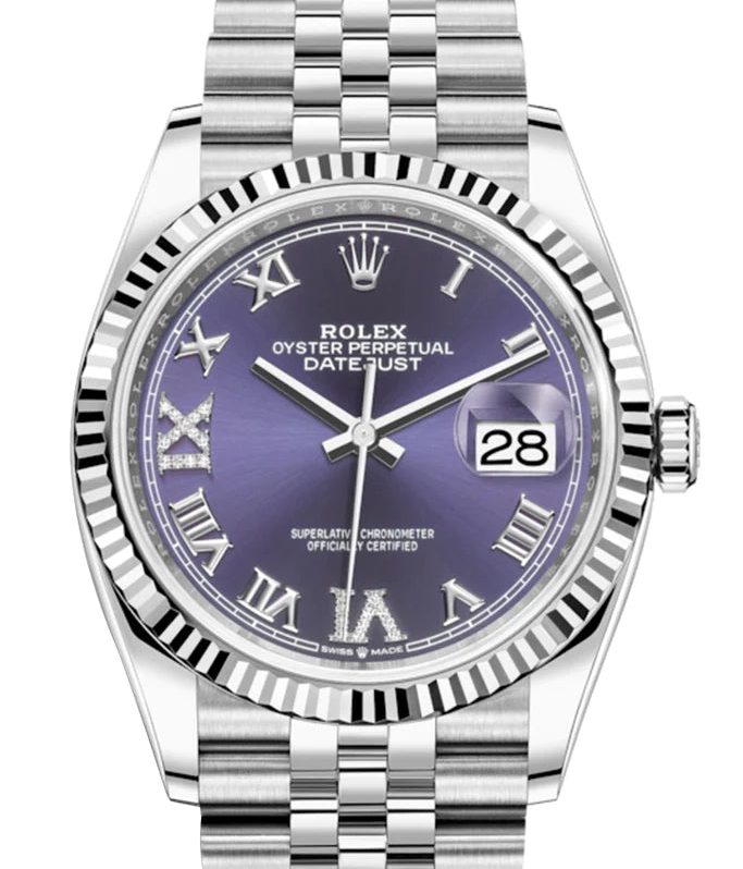 Rolex Datejust 36 Fluted Bezel Aubergine Purple Diamond Roman VI and IX Dial Jubilee Bracelet (Ref# 126234)