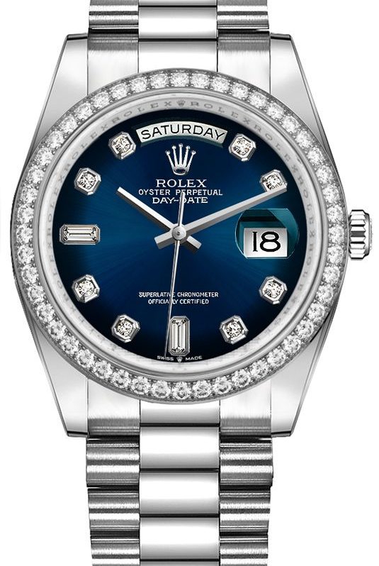 Rolex Day-Date 36/ Blue Ombre Dial/ Diamond Bezel/ White Gold President Bracelet (Ref # 128349RBR)
