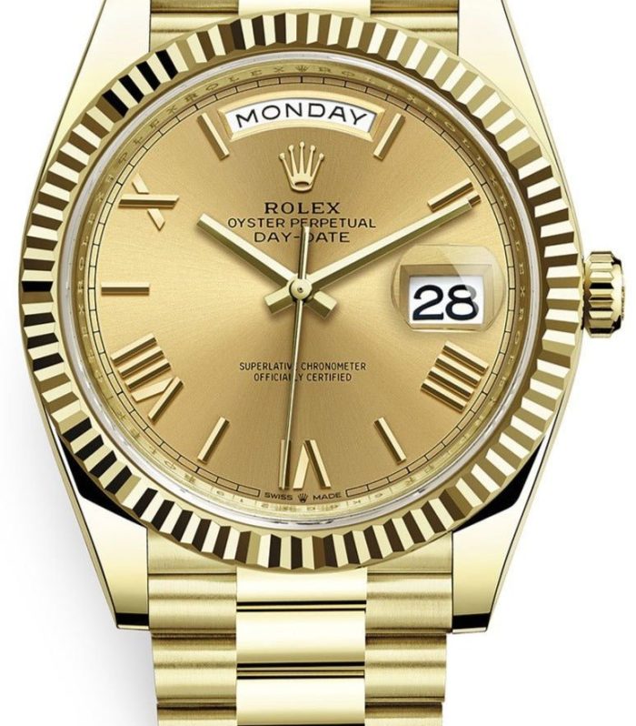 Rolex Day-Date 40 Yellow Gold Champagne Roman Dial Fluted Bezel (Ref # 228238)