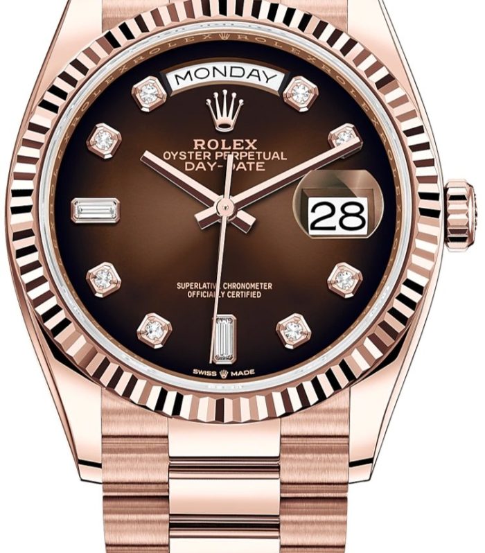 Rolex Everose Gold Day-Date 36 Watch - Fluted Bezel - Brown Ombre´ Diamond Dial - President Bracelet (Ref# 128235)